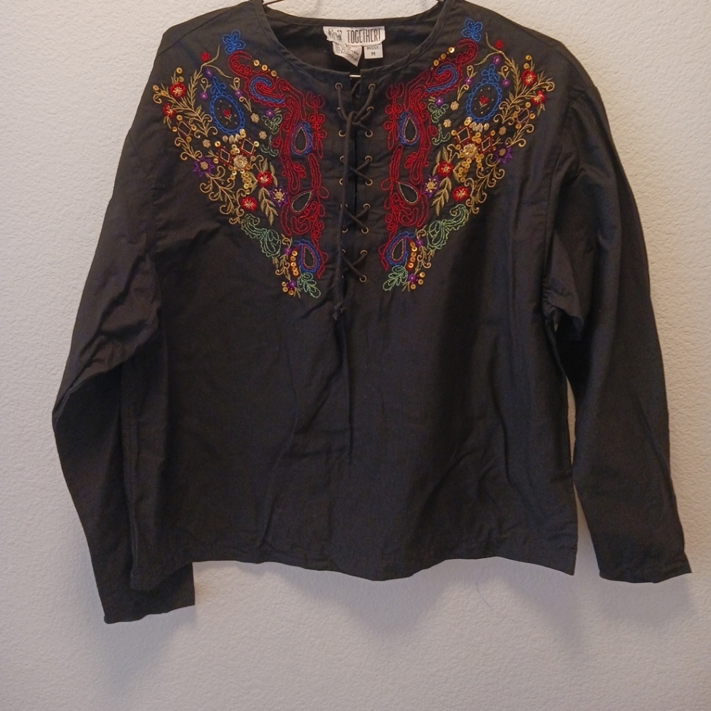 Together! Blouse Women Black Shirt  Embroidery Boho Size Missy M